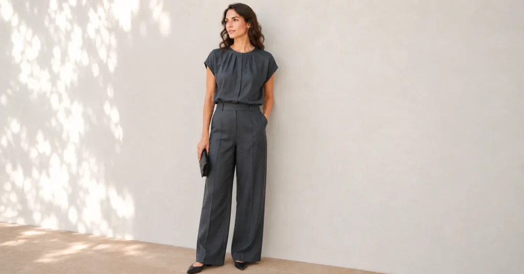 How to Choose the Appropriate Summer Funeral Outfit 4 Summer funeral outfit featuring charcoal linen trousers and modest blouse for breathable formal comfort.