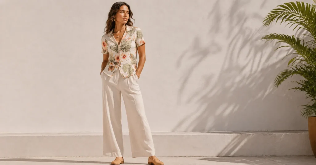 Hawaiian theme outfit for women featuring a tailored Aloha shirt and linen trousers.