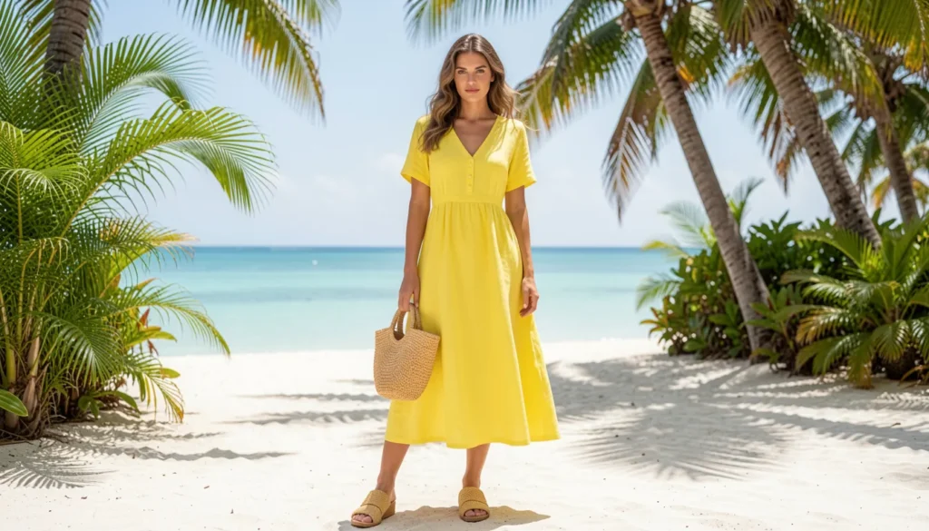 Master the Yellow Outfit: How to Style the Brightest Color 3 Bright summer yellow outfit featuring a lemon yellow linen dress and woven accessories