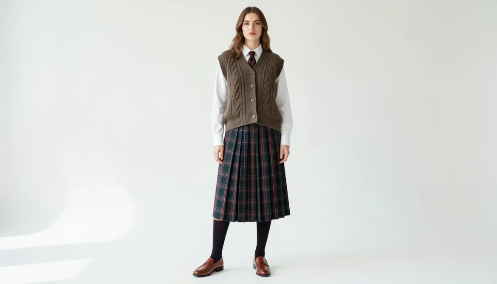 Dark academia Laufey concert outfit ideas with plaid skirts and vintage layering