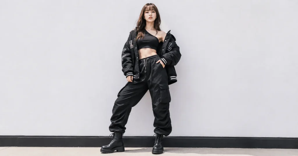 Lisa-inspired Blackpink concert outfit ideas with edgy streetwear cargo pants and combat boots