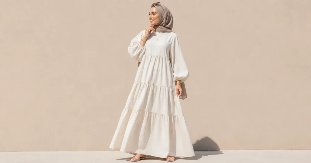 Modest summer outfit ideas featuring a flowy tiered maxi dress for elegant warm weather style
