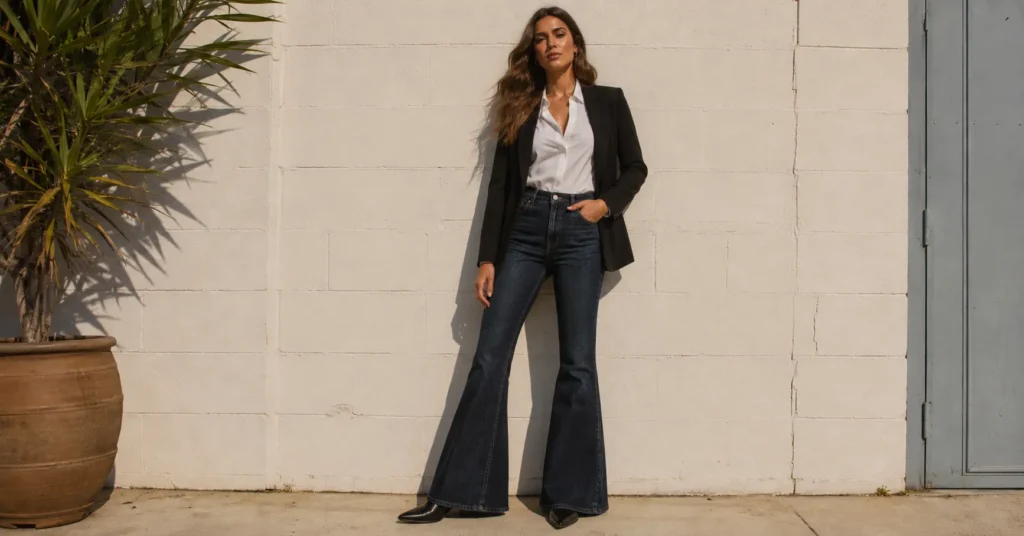 The Best Bell Bottom Jeans Outfit Ideas for Every Occasion 7 Bell bottom jeans outfit ideas with elegant blazer and dark wash denim styling.