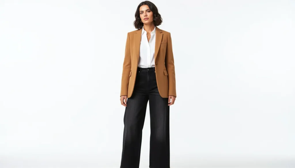 Black wide leg jeans outfit ideas for smart casual office and professional fashion looks.