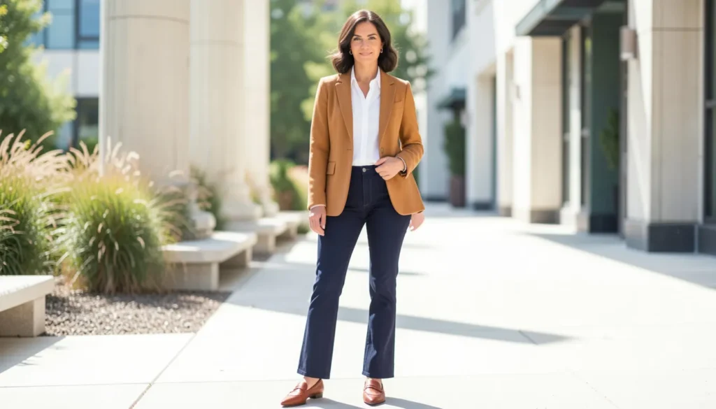 Bootcut jeans outfit ideas for smart casual office and business fashion looks.