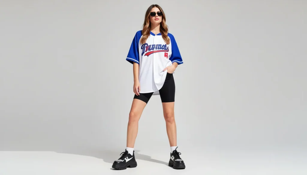 Jersey outfit ideas women can wear with biker shorts and sporty streetwear styling.