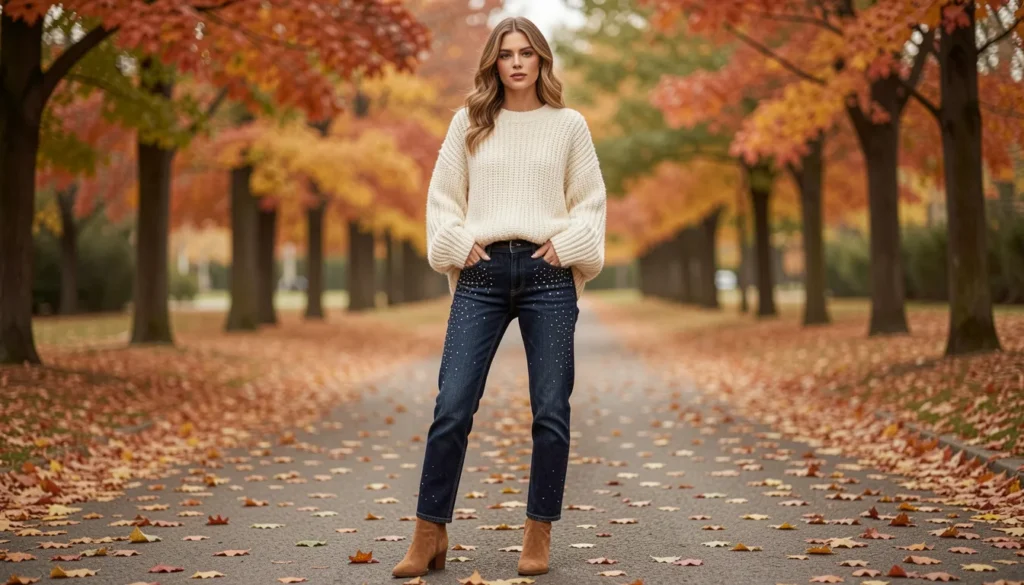 Chic Rhinestone Jeans Outfit Ideas for Every Occasion 4 Cozy rhinestone jeans outfit ideas with a cream knit sweater and embellished dark wash denim.