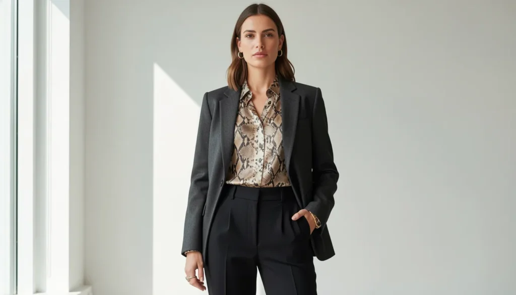 Fierce & Fabulous: The Best Animal Print Outfit Ideas for Every Season 4 Animal print outfit ideas featuring a snake print blouse for office fashion