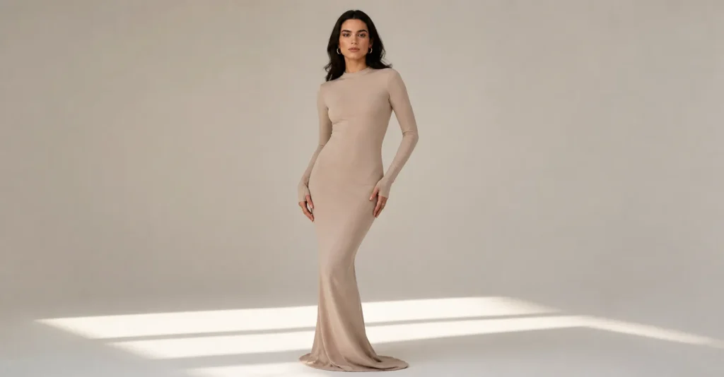Bianca Censori Grammy outfit inspired minimalist gown with clean and modern silhouette