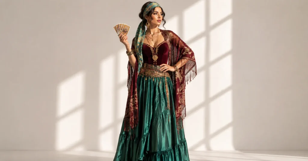 Mystical fortune teller costume with velvet corset and layered jewelry for circus outfit ideas inspiration.