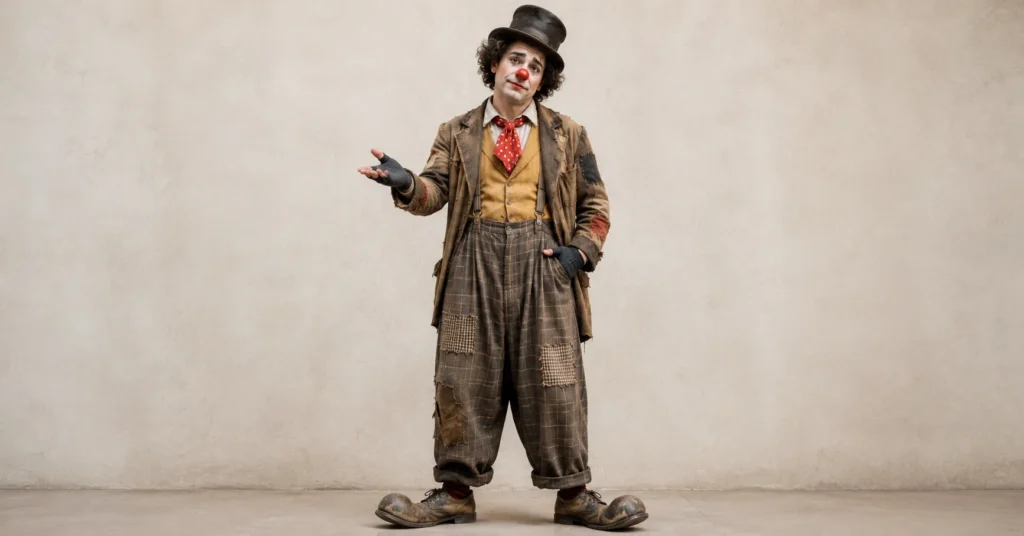 Vintage tramp clown costume with patched clothing and worn accessories for clown outfit ideas inspiration.