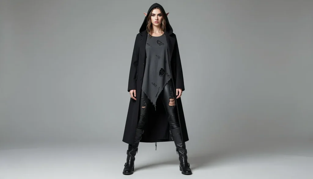Dark elf nomad outfit with asymmetrical layers for elf fantasy modern tribe outfit ideas inspiration.