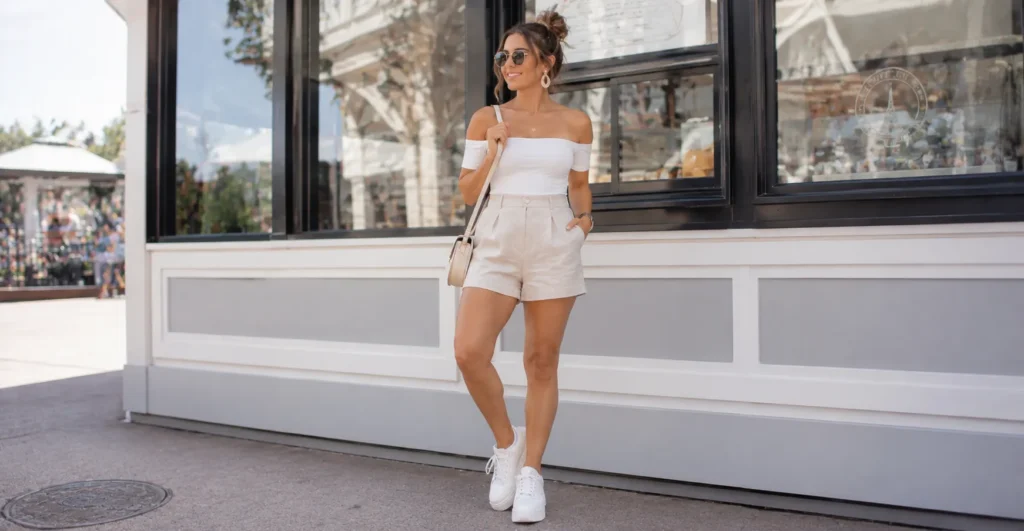 Chic epcot outfit ideas for Food and Wine Festival with linen shorts and sneakers.