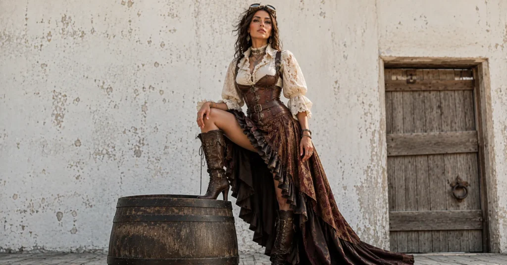 Steampunk-inspired female pirate outfit ideas with corset and Victorian styling.