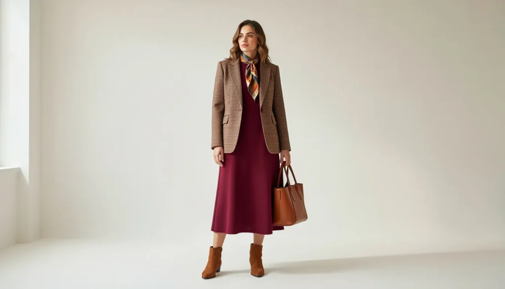 Sophisticated autumn high tea outfit ideas with burgundy midi dress and blazer.