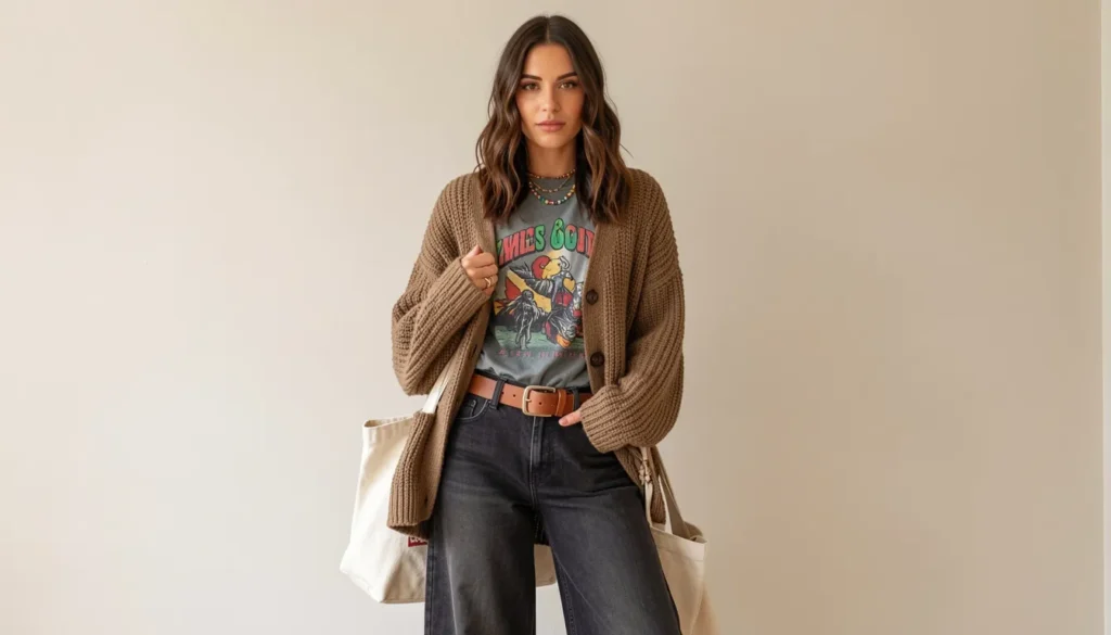 Casual hippie outfit ideas with flare jeans and oversized cardigan.