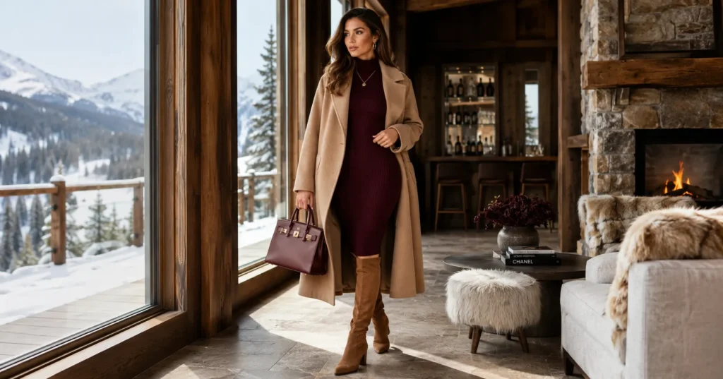 Stunning Winter Wonderland Outfit Ideas to Keep You Warm and Chic 6 Winter wonderland outfit ideas with knit midi dress and camel wrap coat for a chic cabin getaway.