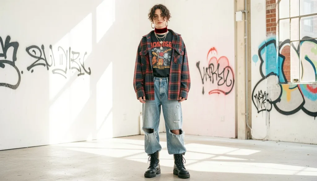Top Throwback Thursday Outfit Ideas: Your Guide to Retro Style 6 Throwback Thursday outfit ideas featuring 1990s grunge fashion with flannel shirt and combat boots.
