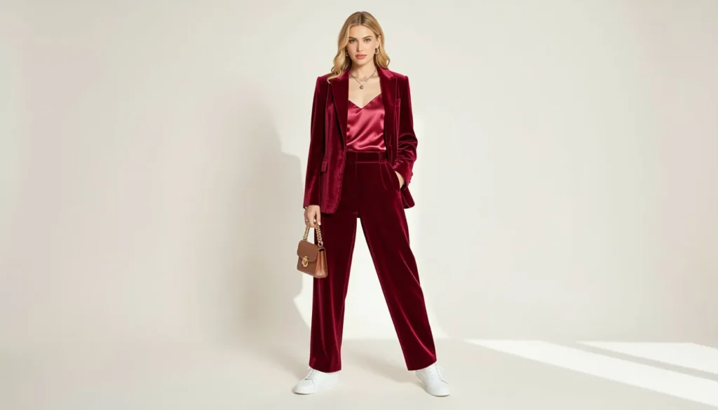 The Complete Guide to Sneaker Ball Outfit Ideas: Master Formal Comfort 6 Sneaker ball outfit ideas with velvet pantsuit and white leather sneakers.