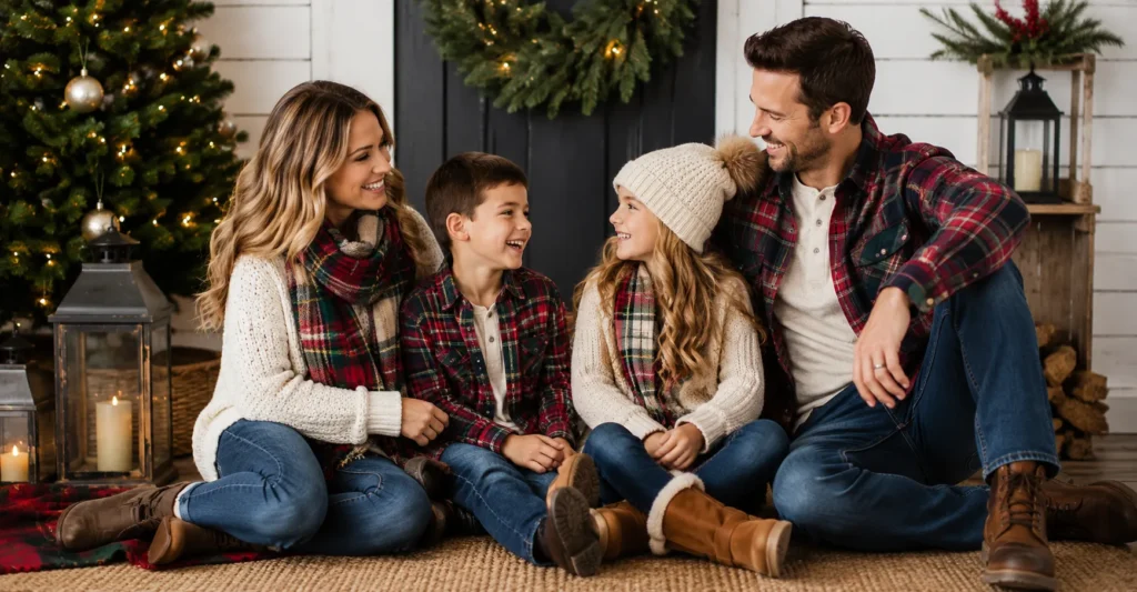 Cozy family christmas outfit ideas with plaid flannel winter clothing and casual festive fashion.