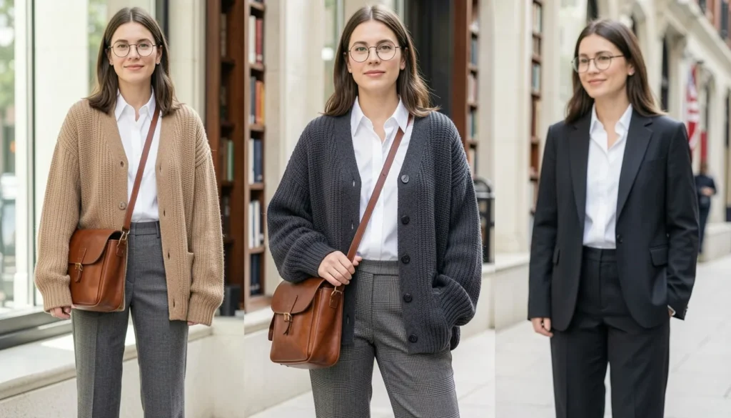 The Complete Guide to Nerd Outfit Ideas: Master Geek Chic 6 Female nerd outfit ideas with plaid trousers and modern academic fashion.