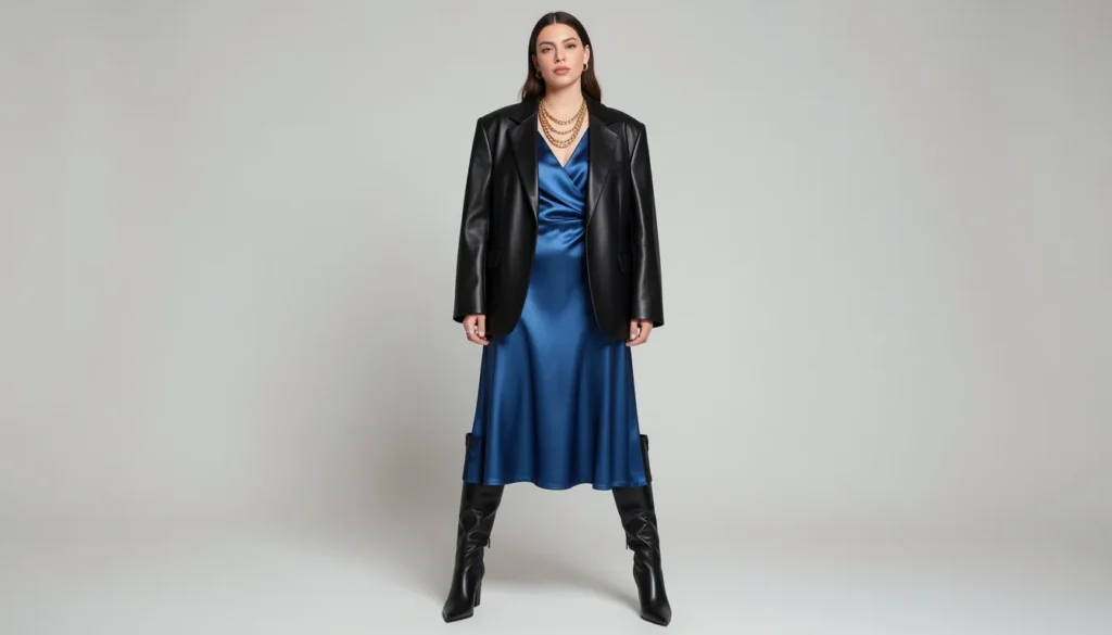 R&B concert outfit ideas with satin dress and leather blazer styling.