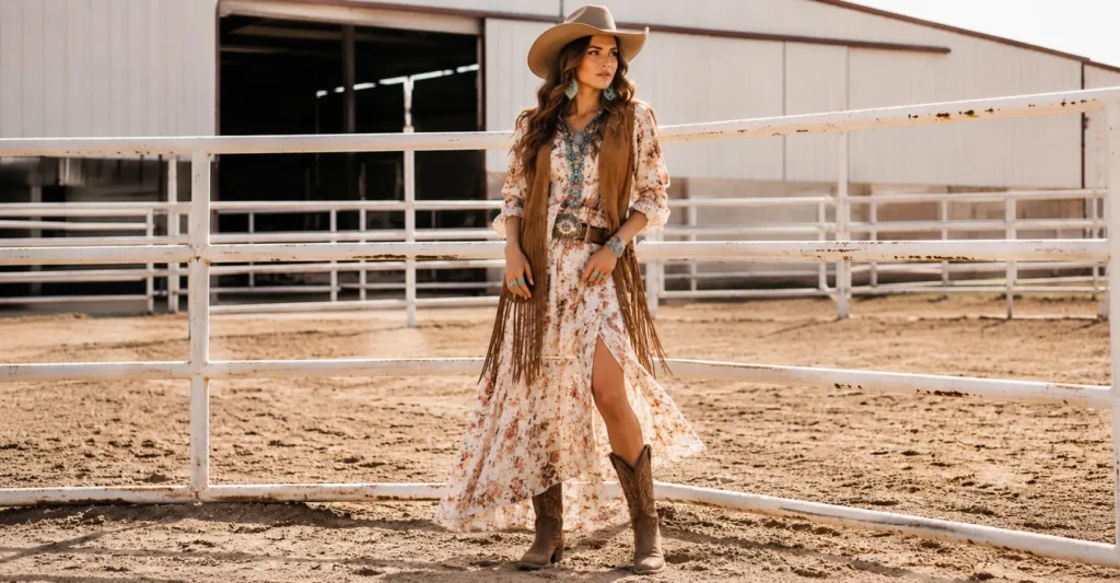 The Guide to Rodeo Outfit Ideas: Style, Comfort, and Tradition 4 Boho rodeo outfit ideas with floral dress and suede fringe western fashion.