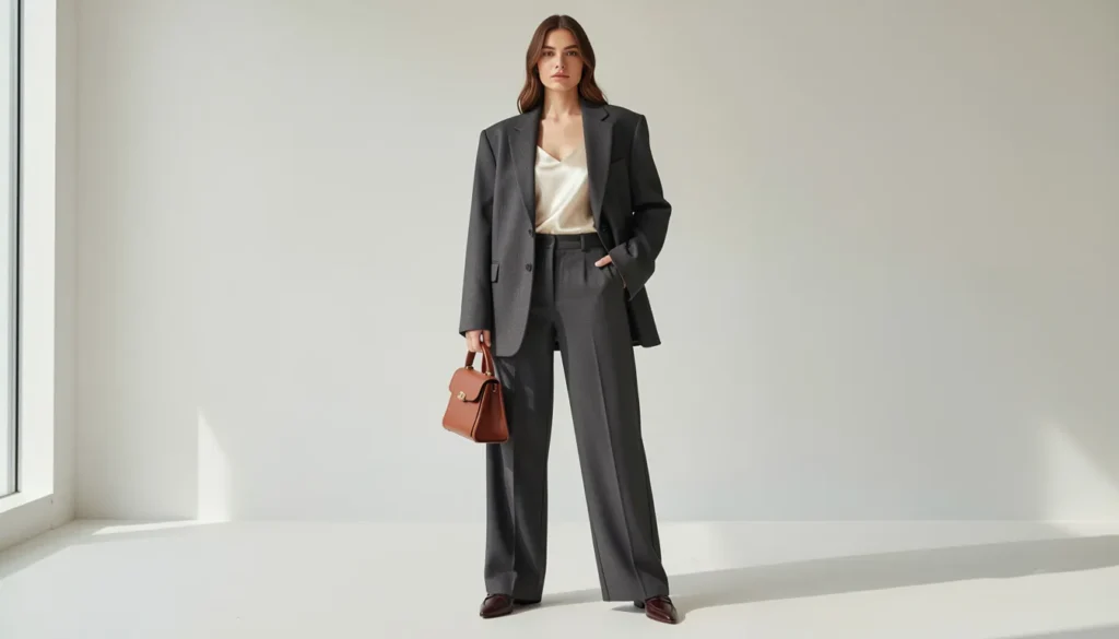 Baggy outfit ideas with oversized blazer and wide-leg trousers for office fashion