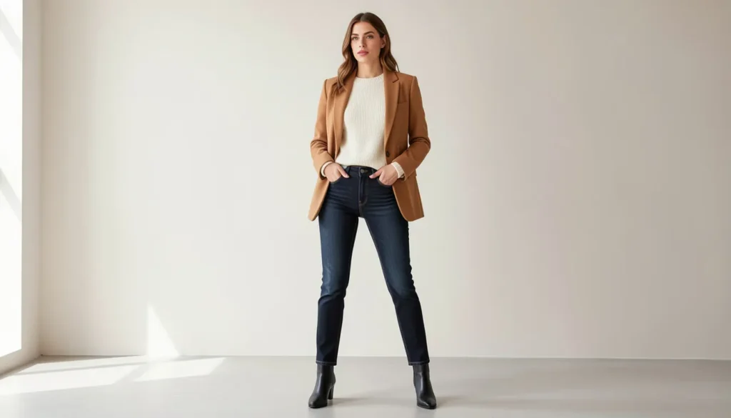 Dinner outfit ideas with smart casual jeans and blazer for restaurant style