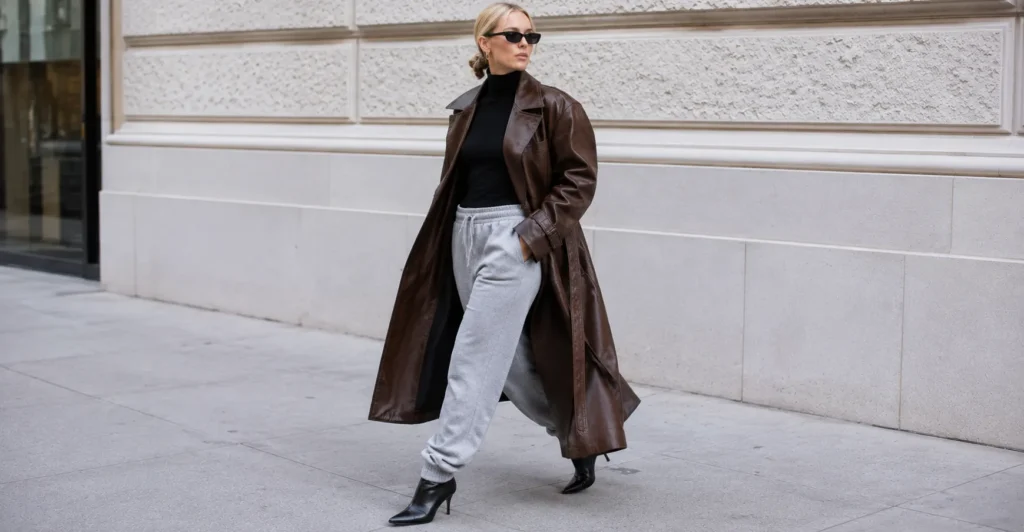 The Guide to the Elsa Hosk Track Pants Outfit: Street Style Elevated 4 Elsa Hosk track pants outfit with leather trench coat and fleece joggers