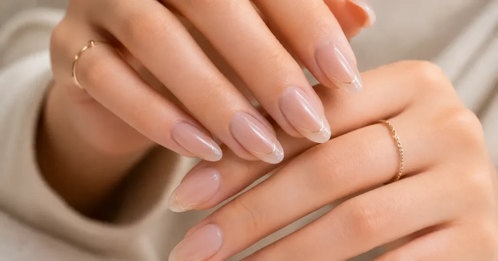 The Guide to Japanese Nails: Trends, Techniques, and Artistry 8 Minimalist Japanese nails with glossy nude gel manicure design.