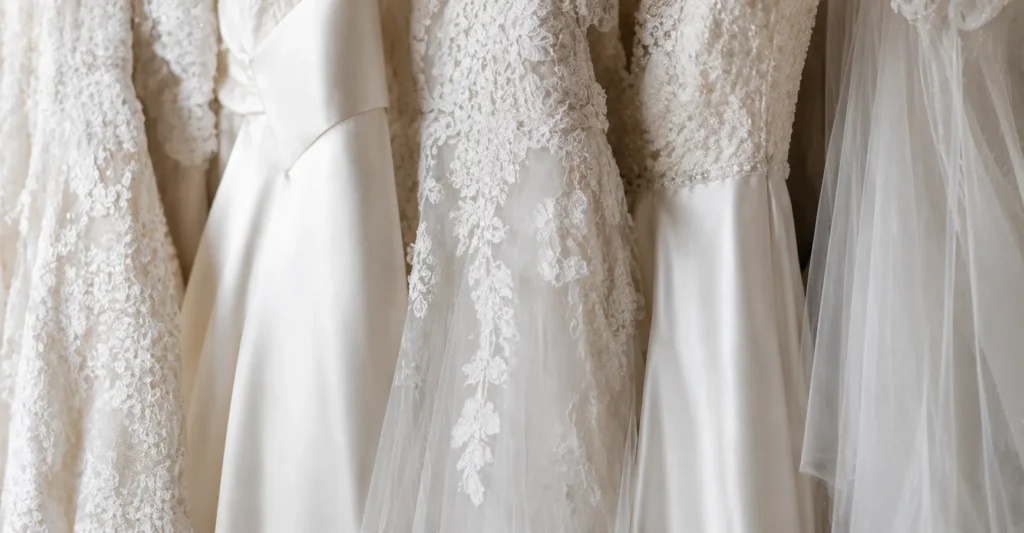 Luxury bridal fabrics used in dream wedding dresses and attire including lace satin and chiffon.