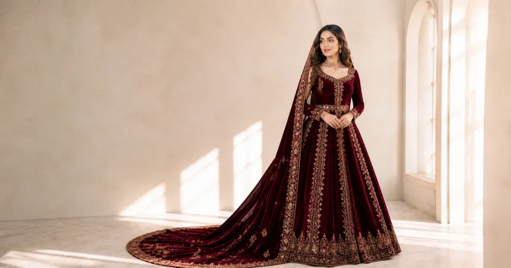 Velvet red wedding frock for winter bridal style with rich texture