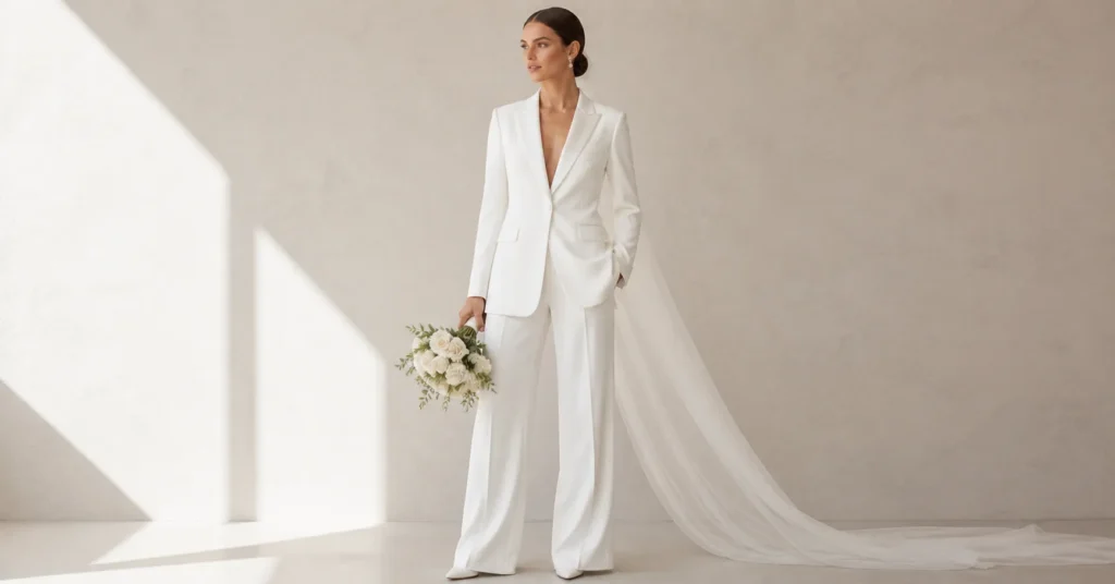 Bride in white tuxedo suit for wedding reception, chic and confident bridal style