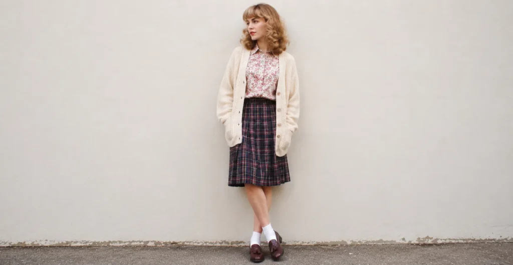 Twin Peaks outfit inspired Laura Palmer cardigan and plaid skirt fashion