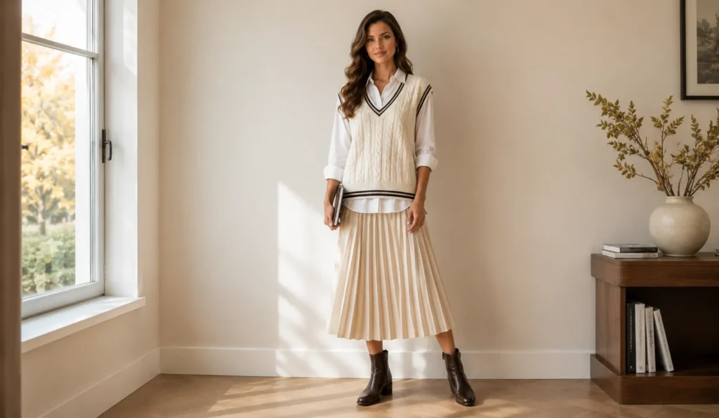 Cozy fall all vest outfits for women featuring a cream sweater vest layered over a white shirt