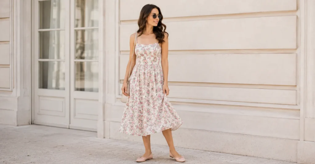 Feminine summer ballet pumps outfit with floral sundress