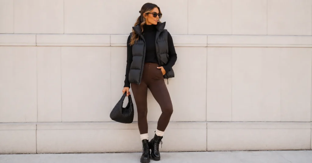 The Complete Guide to Building a Stylish Brown Leggings Outfit 5 Winter brown leggings outfit with black puffer vest and combat boots