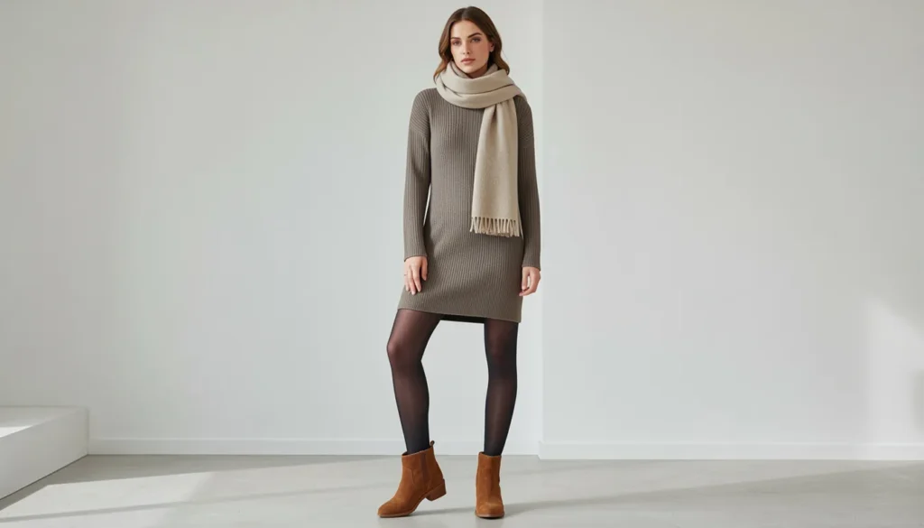 The Guide to Crafting a Demure Winter Outfit: Elegance in the Cold 8 Cozy demure winter outfit with sweater dress and ankle boots