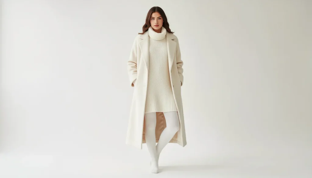 How to Build the Perfect White Tights Outfit: Styling Tips and Ideas 8 Monochrome white tights outfit with sweater dress and wool coat