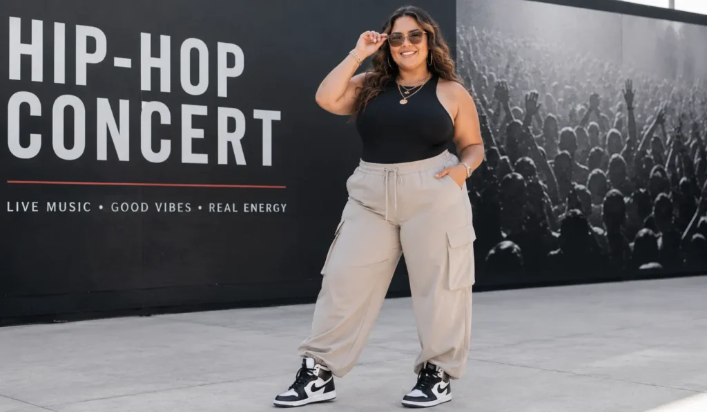 Plus size concert outfit ideas with cargo pants and modern hip-hop streetwear styling for live music events.