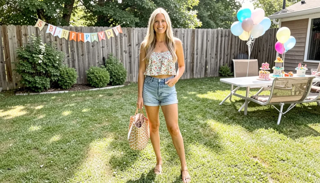 Summer Birthday Outfit Ideas to Celebrate in Style 6 Summer birthday outfit ideas for backyard BBQ with casual denim shorts and floral summer style.