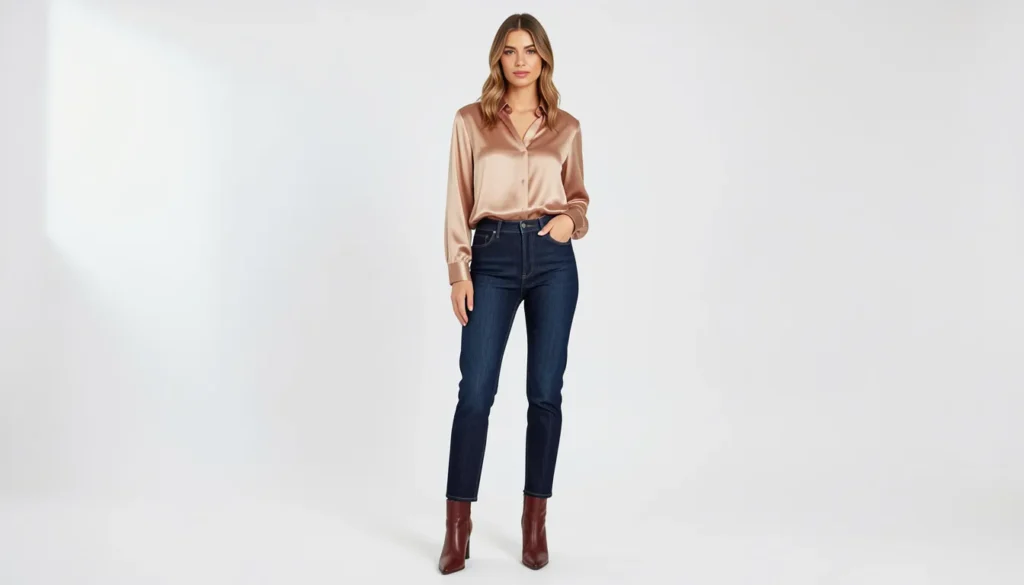 Cool outfits featuring a smart casual dinner look with satin blouse and jeans.