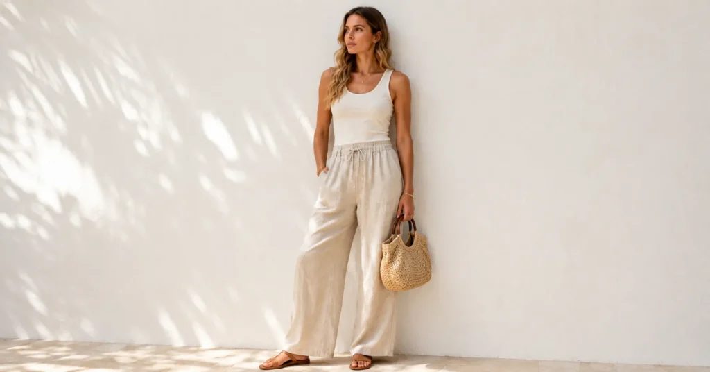 Drawstring pants for women in breathable linen fabric styled for summer and vacation outfits.