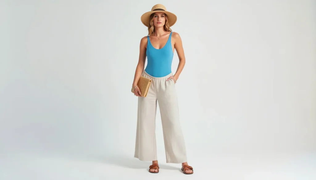 Swimwear outfit ideas for resort wear featuring linen pants and one-piece swimsuit styling.