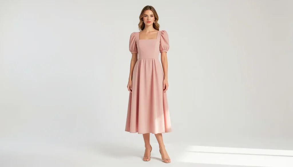 Blush pink summer wedding guest dress with puff sleeves and romantic styling.