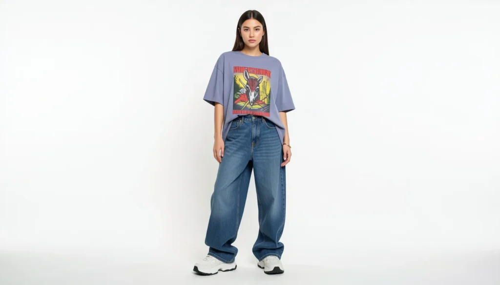 Oversized outfit ideas featuring a graphic oversized t-shirt and baggy jeans.