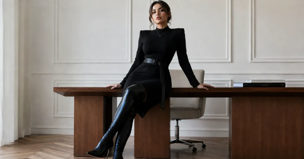 Woman styled in elegant dominatrix outfit with black midi dress and thigh-high boots.