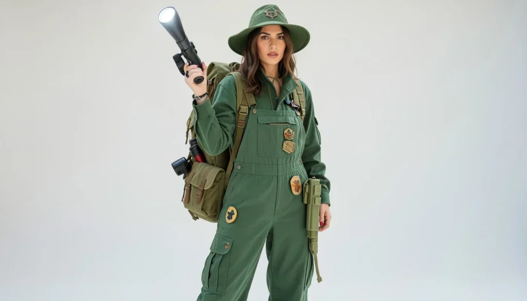 Green retro-inspired outfit with utility backpack and playful ghost-hunter styling.