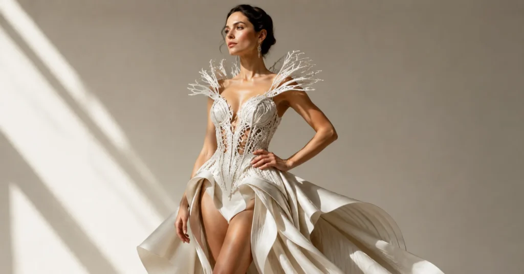 3D printed Met Gala 2026 outfit inspired by futuristic couture and costume art fashion.